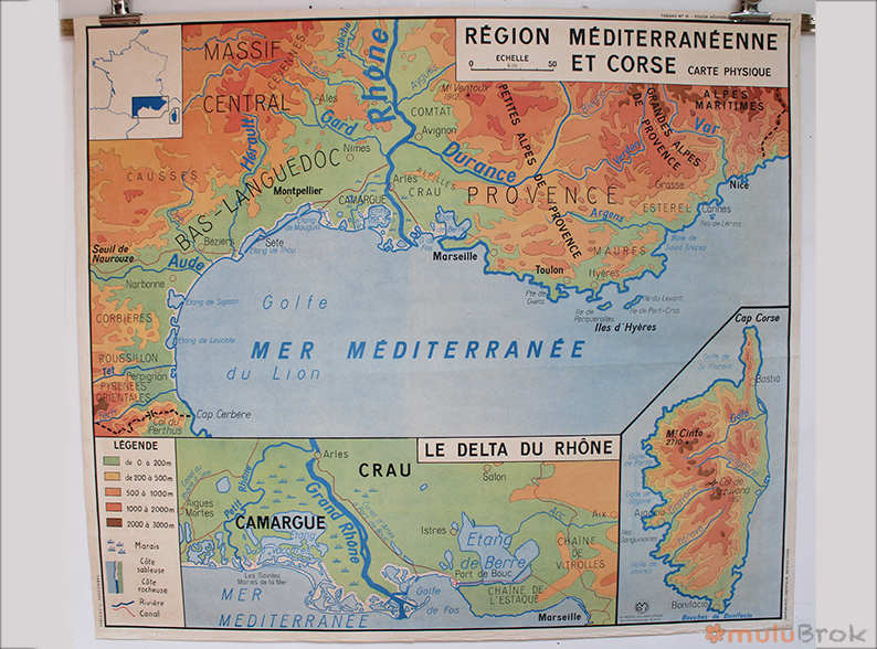 Affiche carte région méditerranéenne Corse et  Massif Central